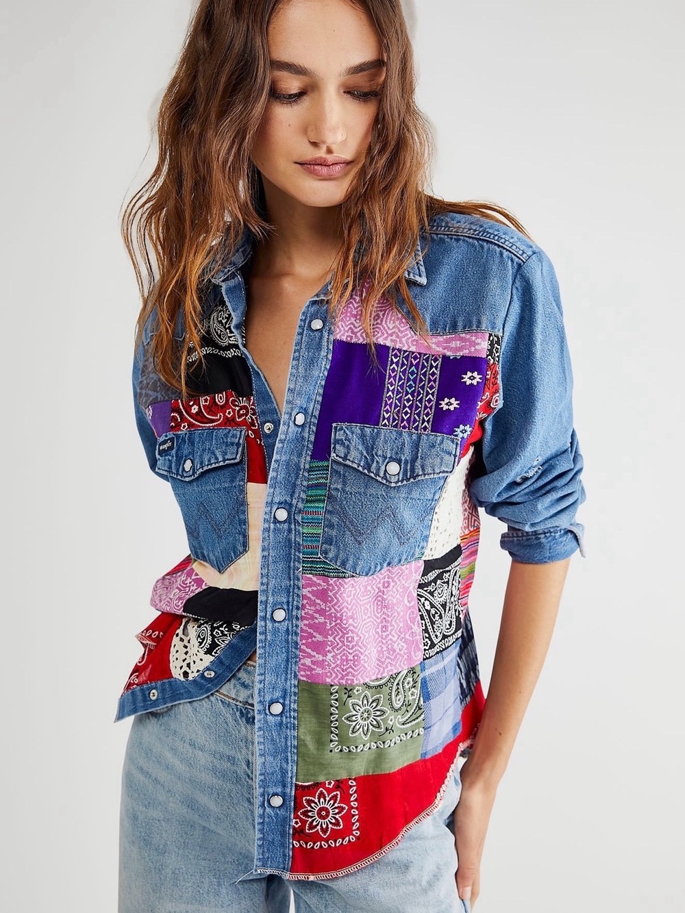 Free People x Tricia Fix reworked Wrangler denim patchwork pearl snap shirt